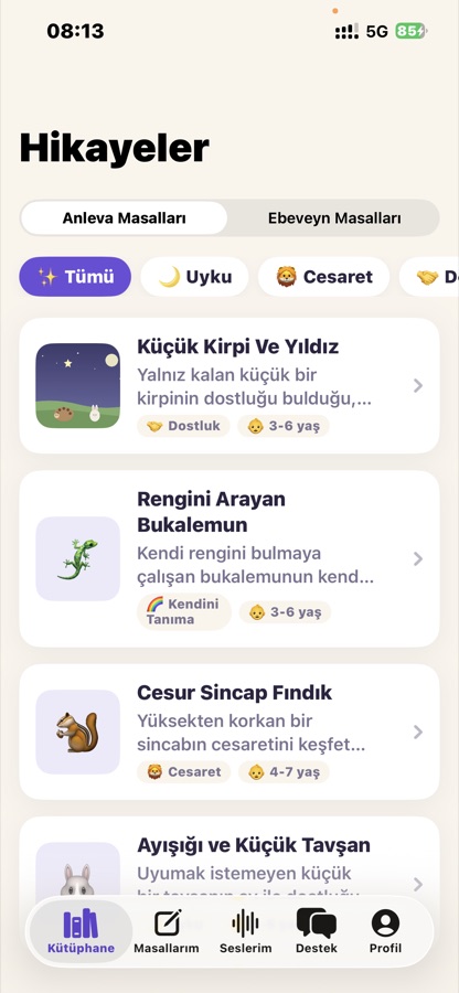 Anleva kütüphane ekranı: yaşa ve konuya göre ayrılmış Türkçe masallar