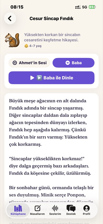 Anleva oynatıcı ekranı: masal metni ve kendi sesinizle dinleme düğmesi